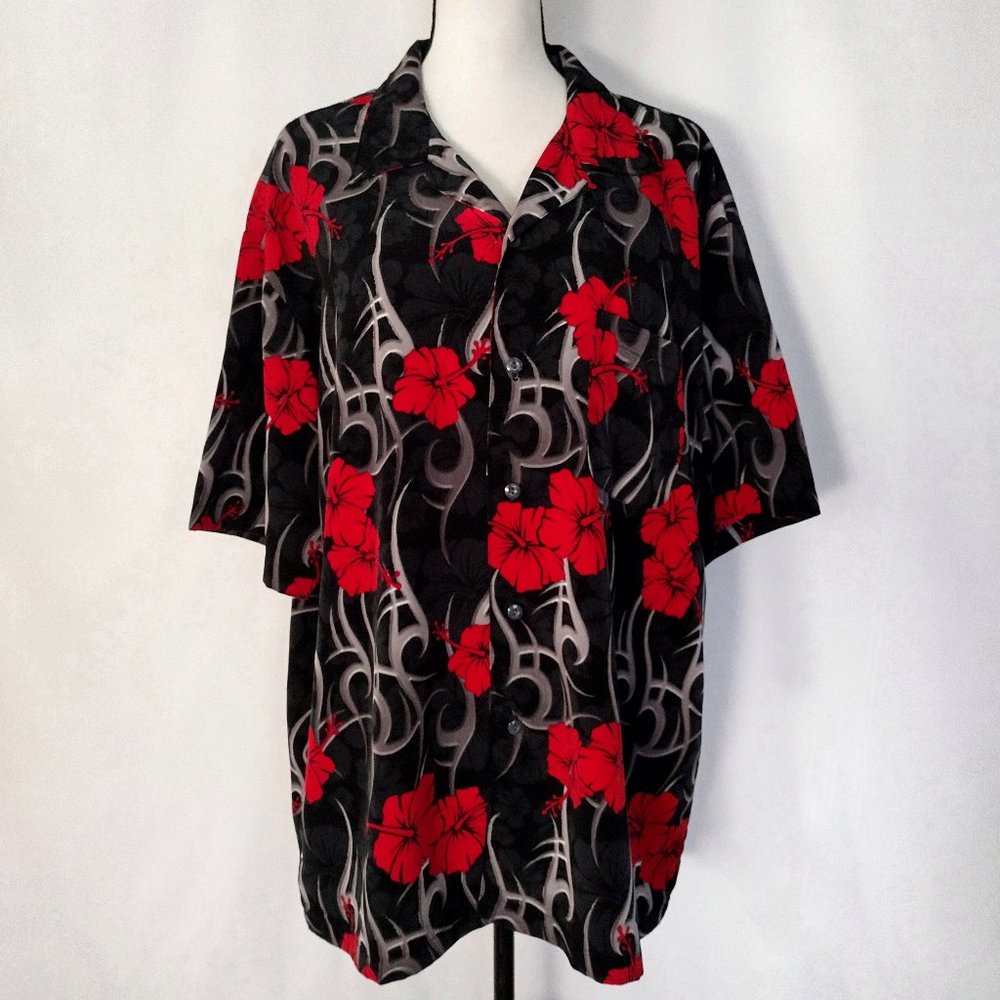 Vintage 1990s Ocean Current Black and Red Tribal Print Hawaiian Shirt